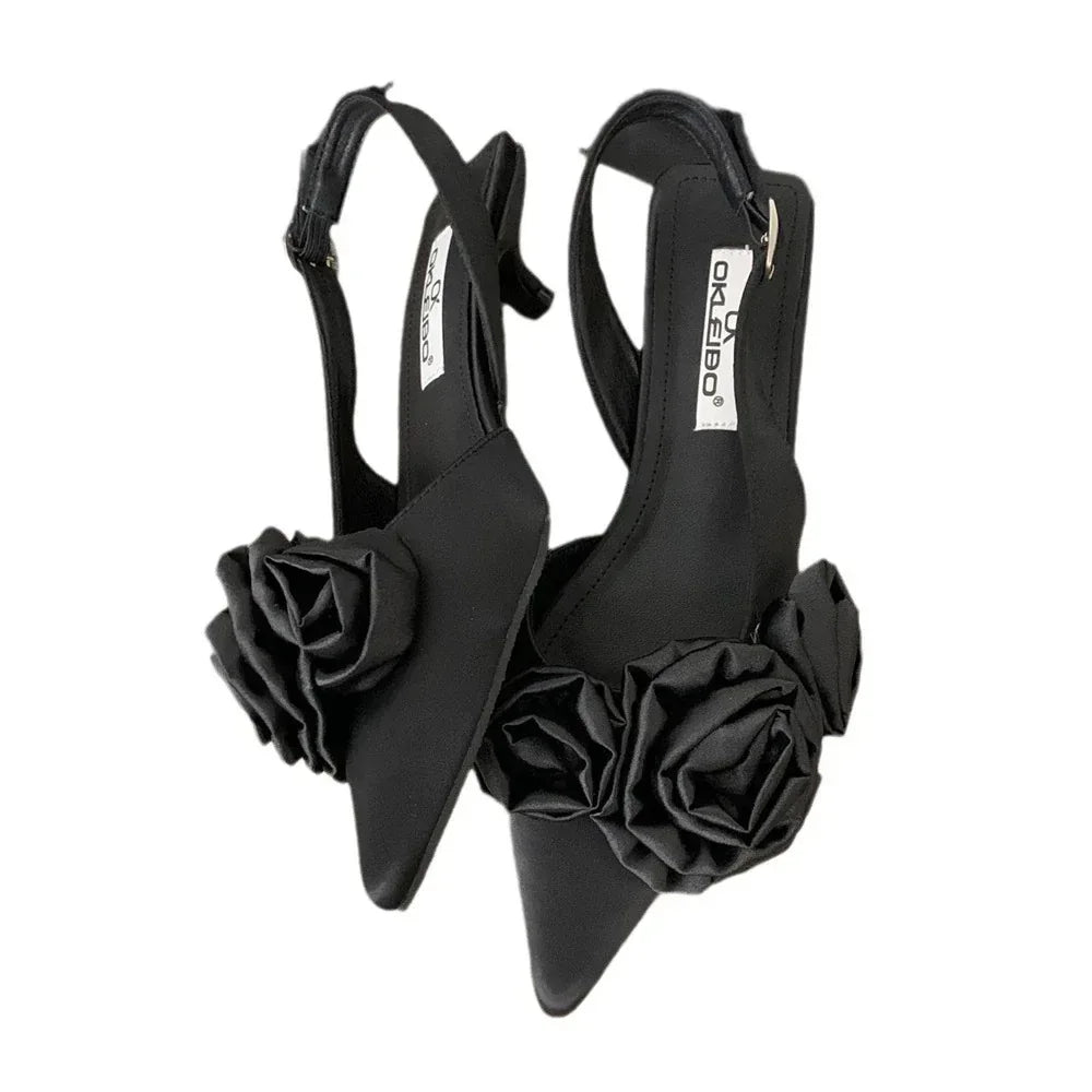 Flower Black Closed Toe Fairy Heels - Viexta