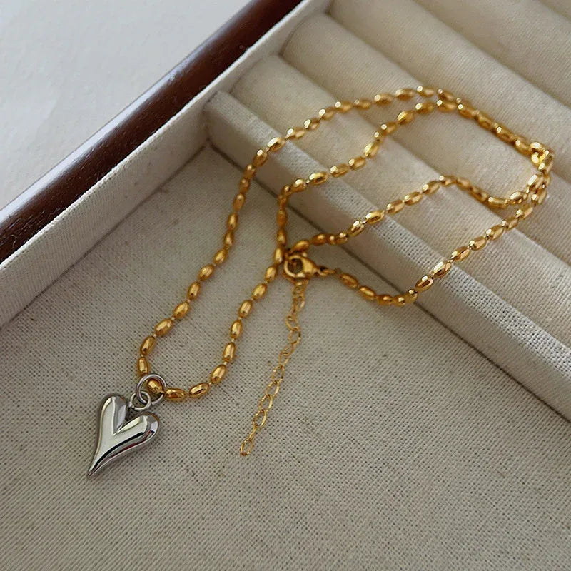 Titanium Steel Heart Bead Necklace - Viexta