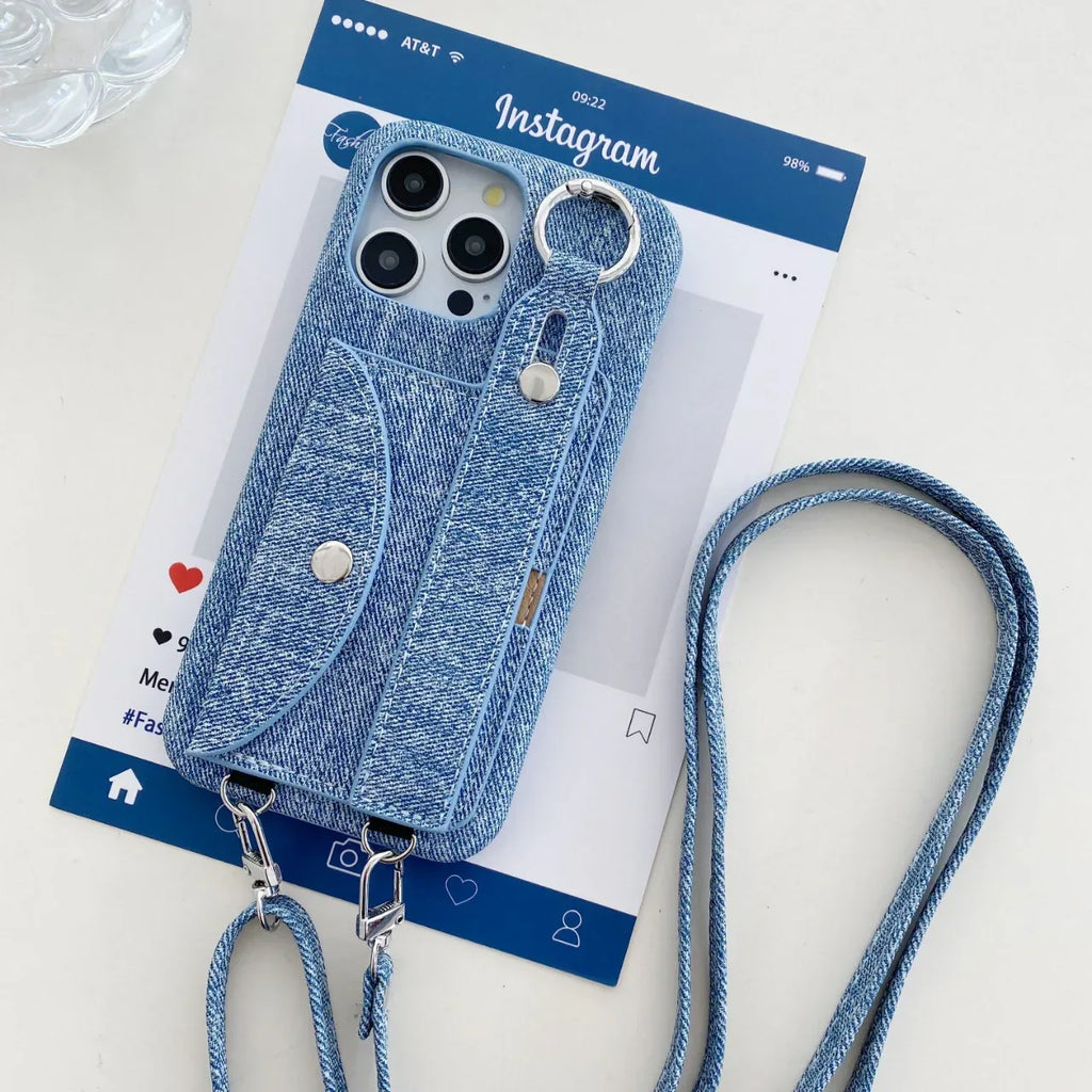 Leather Denim Pattern Wrist Strap iPhone Case - Viexta