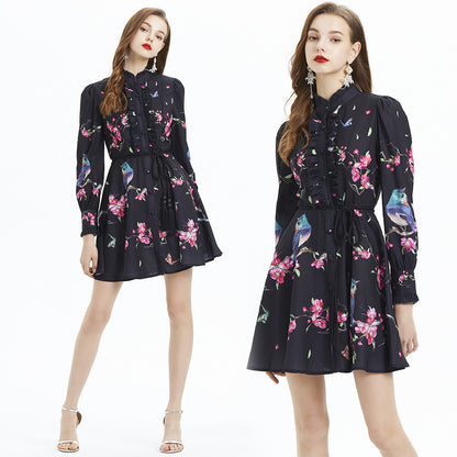 Printed Long Sleeve Waist Ruffles Dress