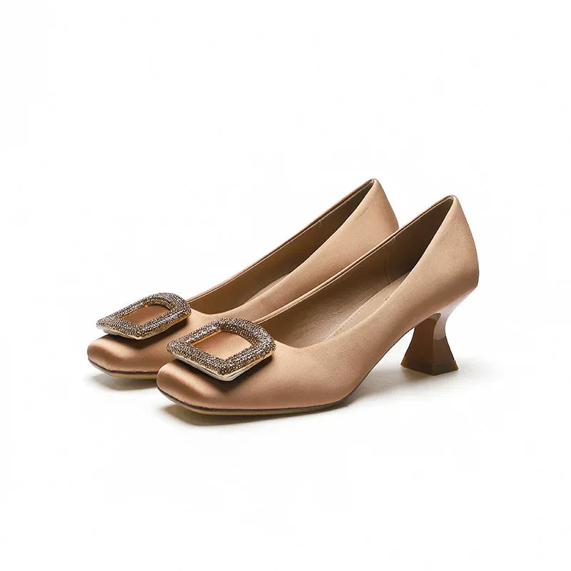 Square Toe Satin Surface High Heels - Viexta