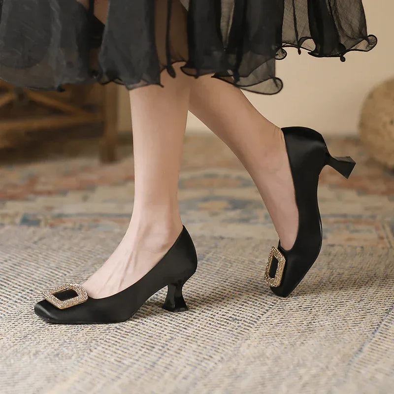 Square Toe Satin Surface High Heels - Viexta