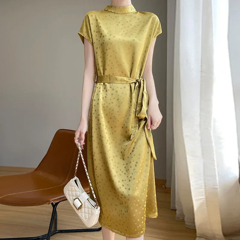 Satin High-grade Polka Dot Turtleneck Acetic Dress - Viexta