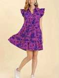 Women's V-neck Flounce Magenta Floral Dress - Viexta