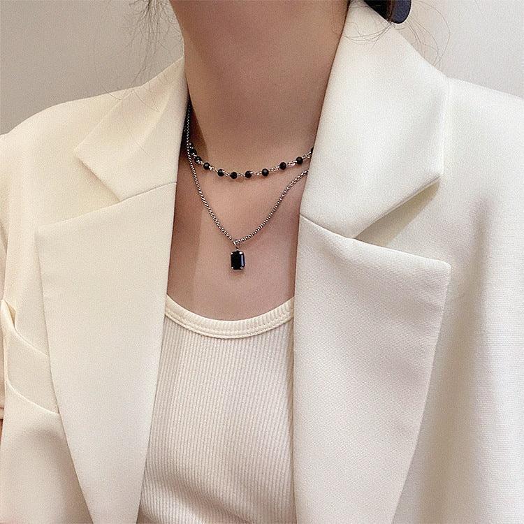 Black Zircon Beaded Double-layer Clavicle Chain - Viexta