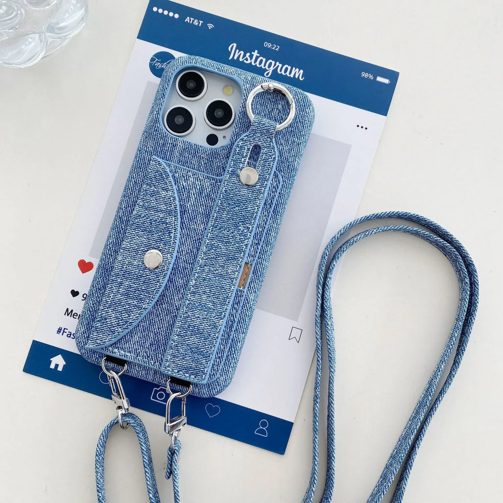 Leather Denim Pattern Wrist Strap iPhone Case - Viexta