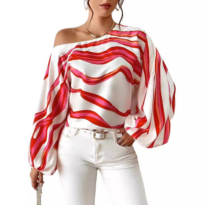 Off-neck Printed Loose-fitting Women's Top