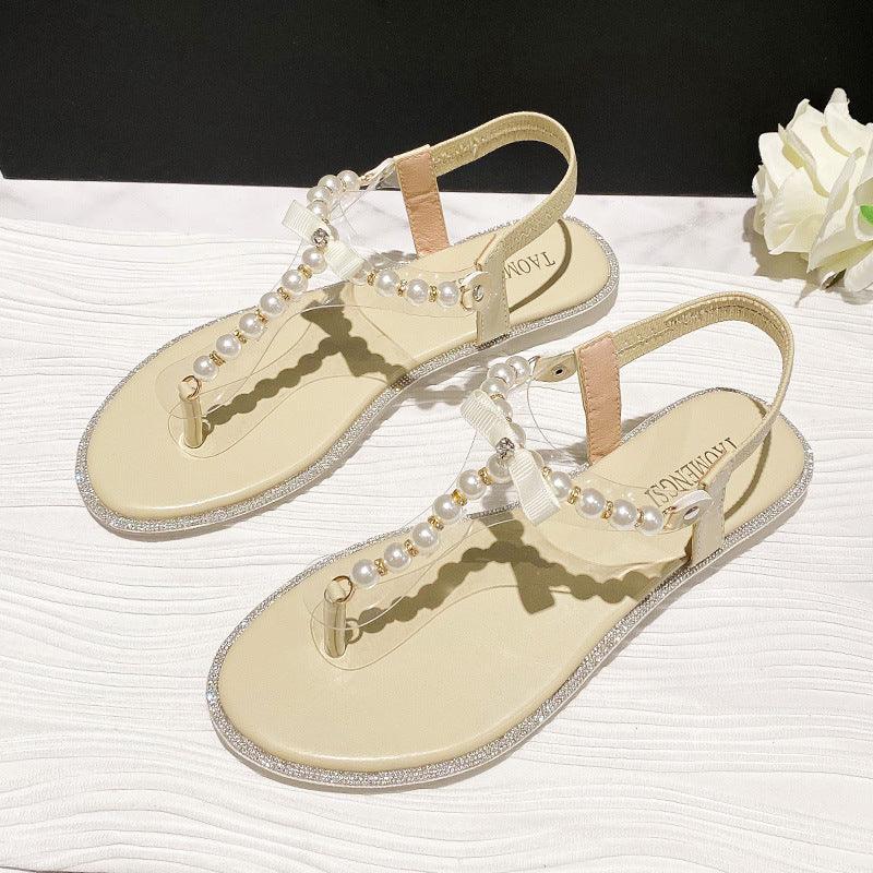 Rhinestone Flat Sandals With Pearl Toe - Viexta