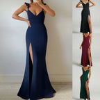Women's Clothing Ruffled Spaghetti Straps Sleeveless High Waist Solid Color High Fork Solid Color Dress Dress - Viexta