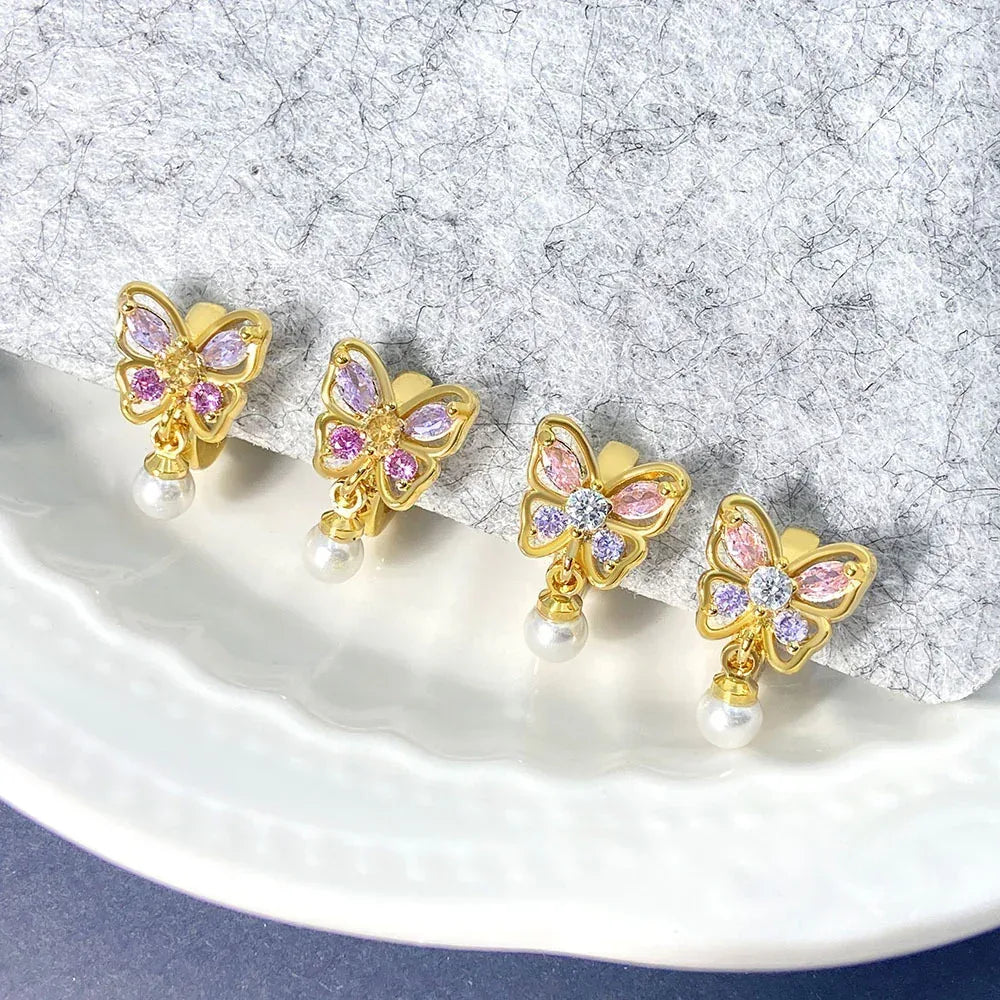 Butterfly Color Zircon Pearl Earrings - Viexta