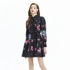 Printed Long Sleeve Waist Ruffles Dress - Viexta
