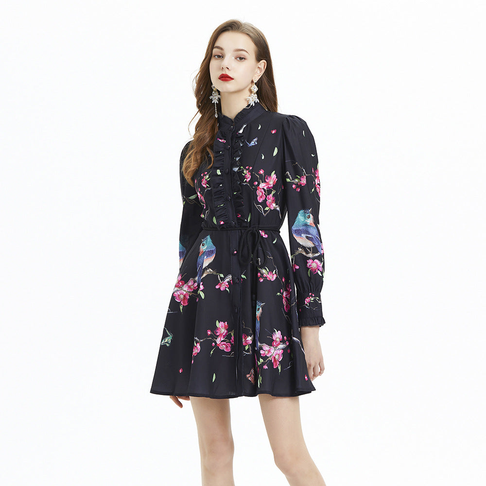 Printed Long Sleeve Waist Ruffles Dress