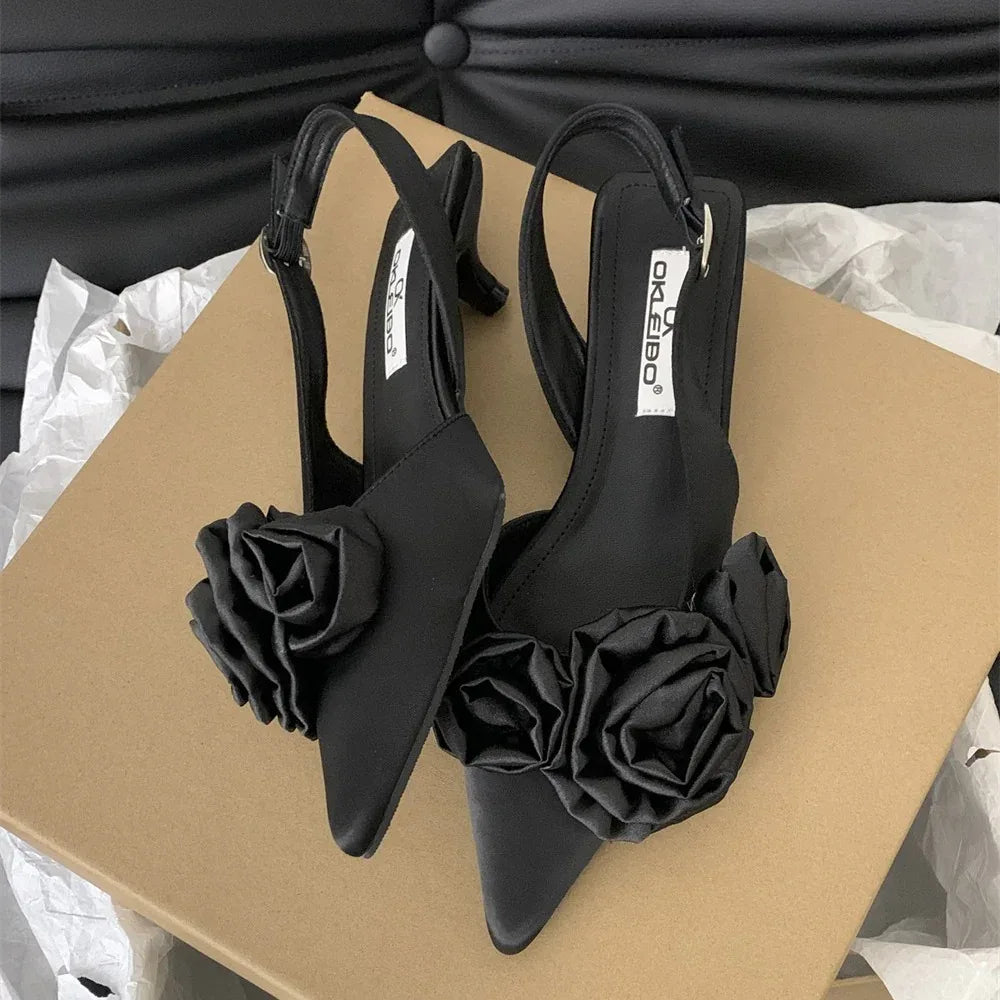 Flower Black Closed Toe Fairy Heels - Viexta