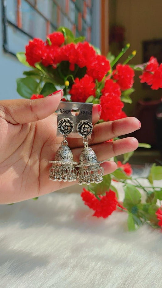 Oxidised Rose-Shaped Jhumka