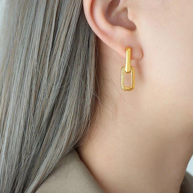 Engraved Double Edge Rectangle Earrings - Viexta