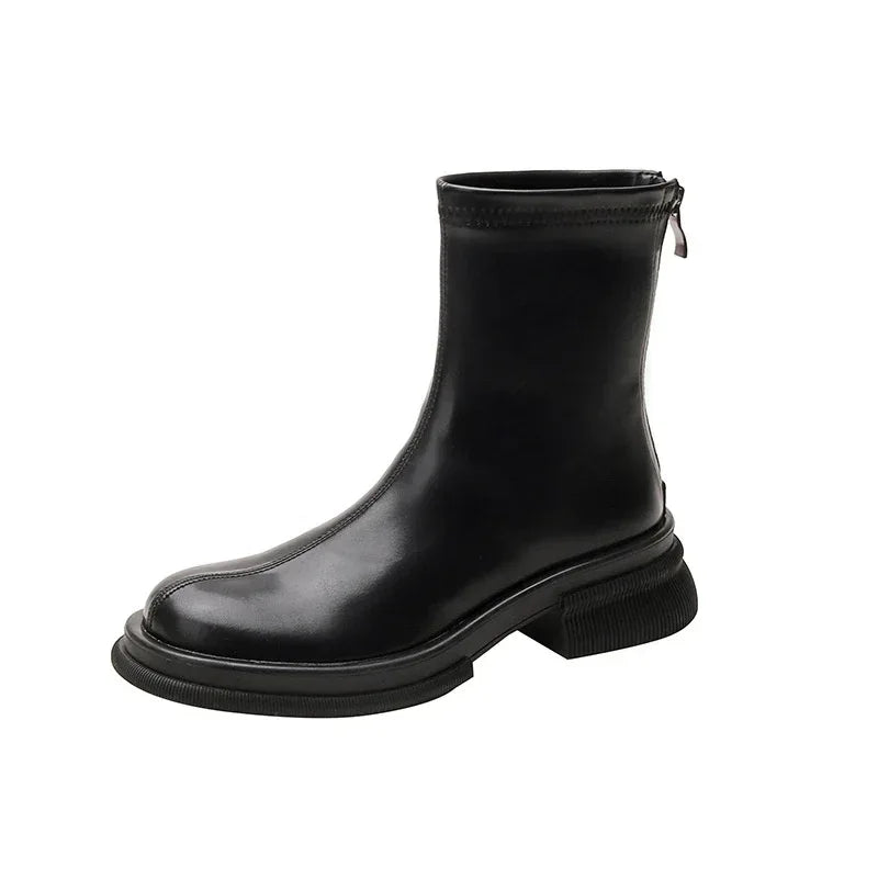 British Round Toe Solid Color Short Boots - Viexta