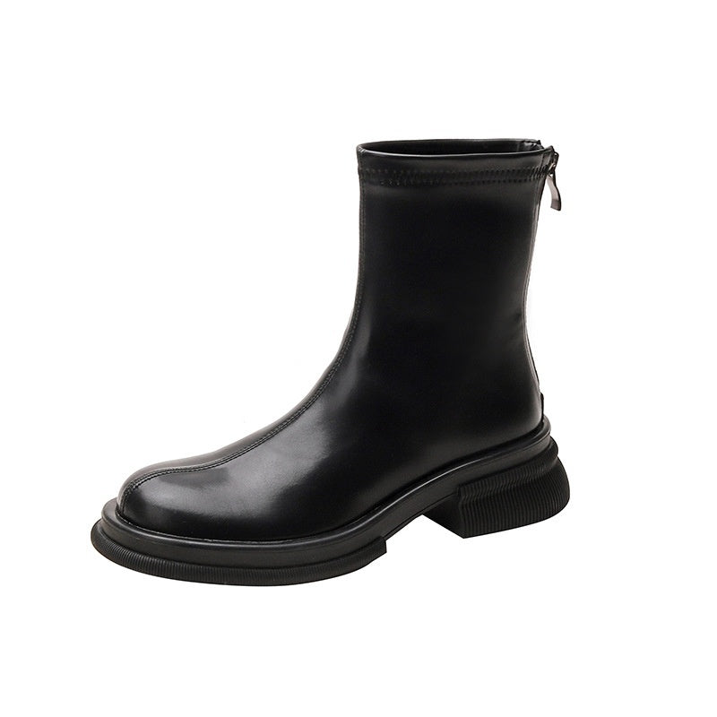 British Round Toe Solid Color Short Boots