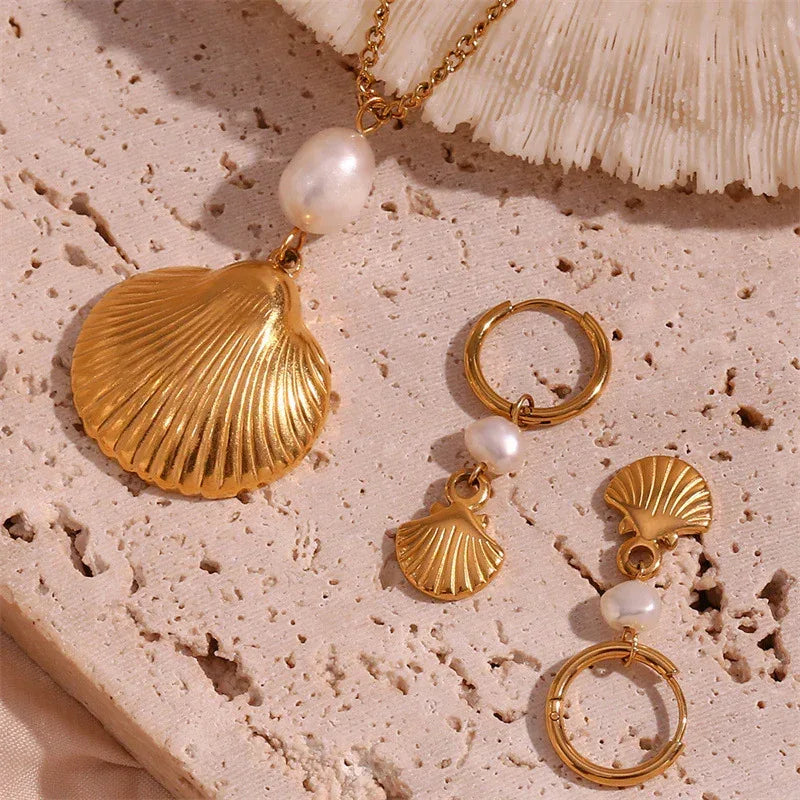 Pearl Shell Earrings And Necklace Set - Viexta