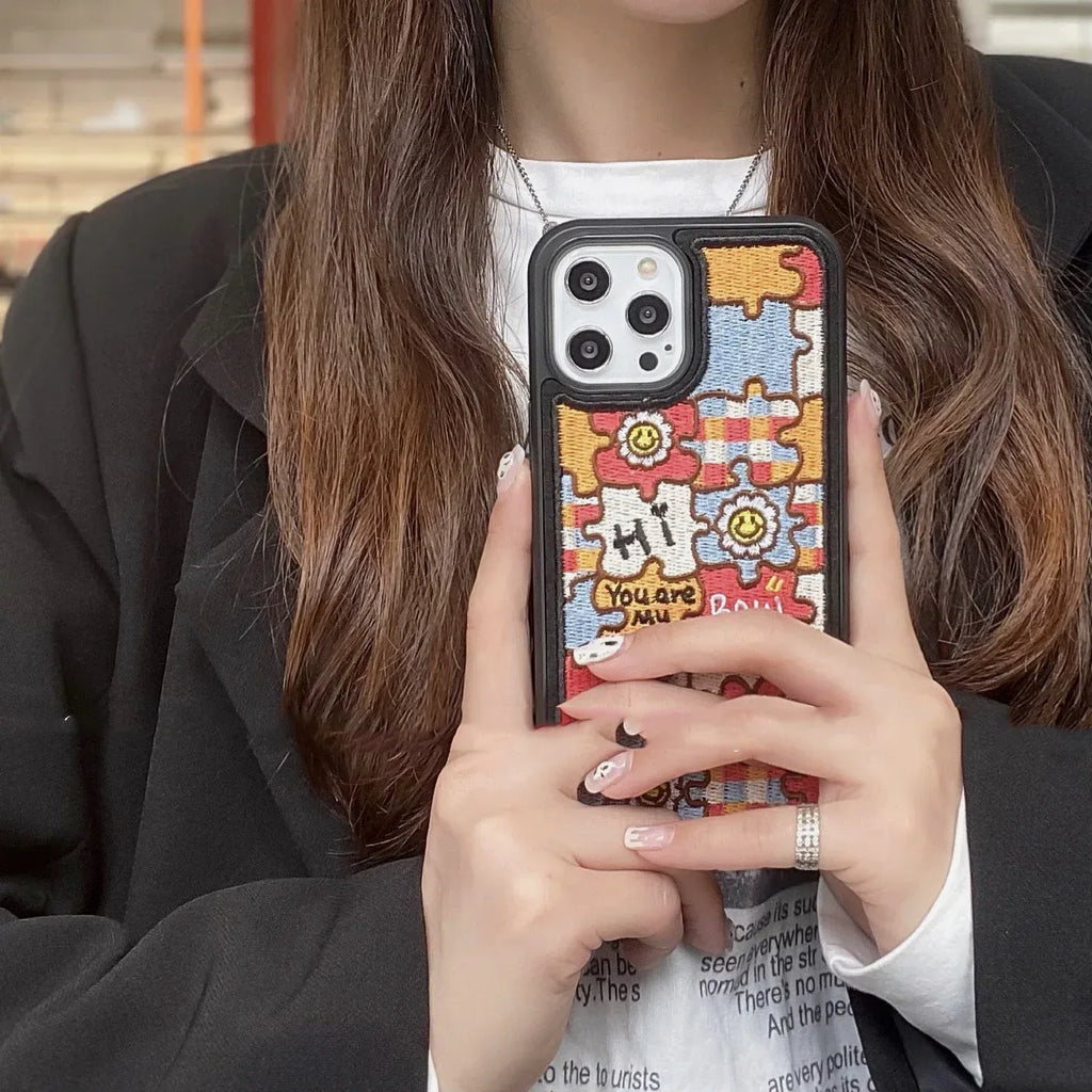 Heavy Embroidery Milk Tea iPhone Cover - Viexta