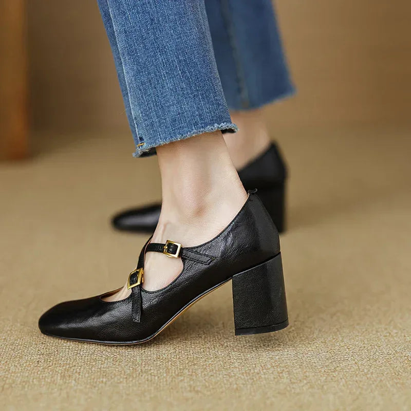 Super Textured Cross-strap Mary Jane Heels - Viexta