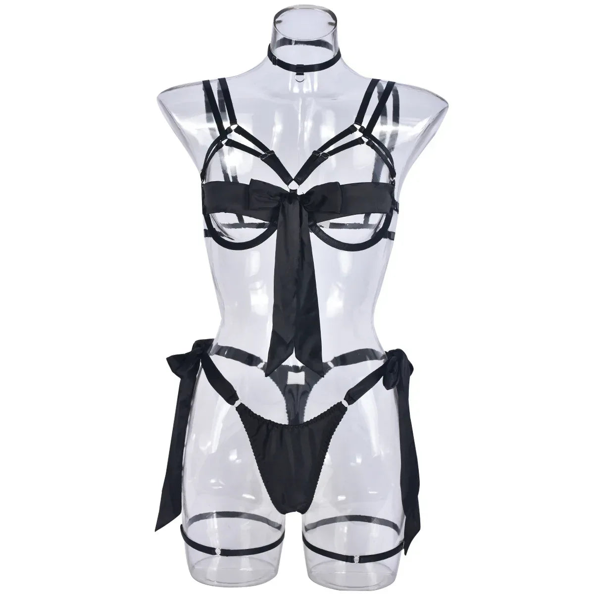 satin-sexy-dew-leg-ring-strap-lingerie-4-piece-set - Viexta