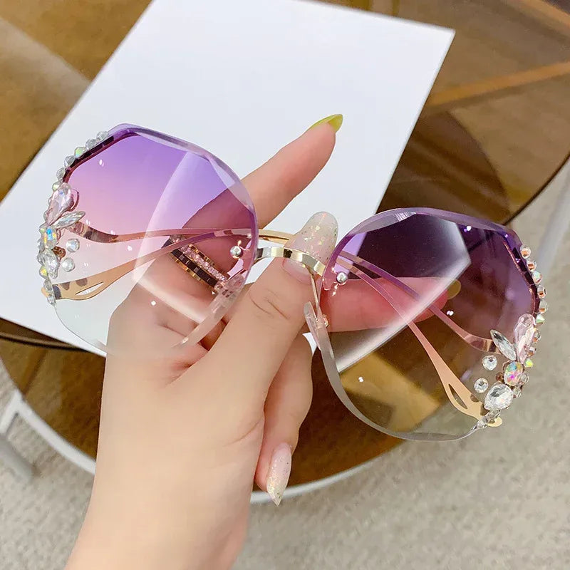 Women's Fashion Rimless Cut Edge Diamond Sunglasses - Viexta