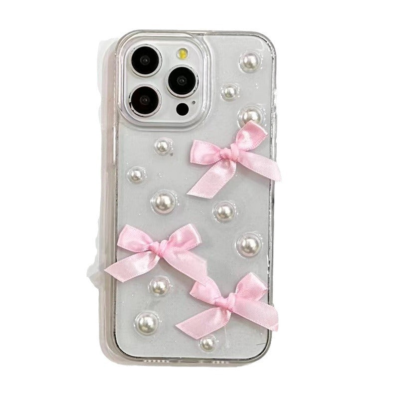 Niche Three-dimensional Pearl Bow iPhone Case with Charm