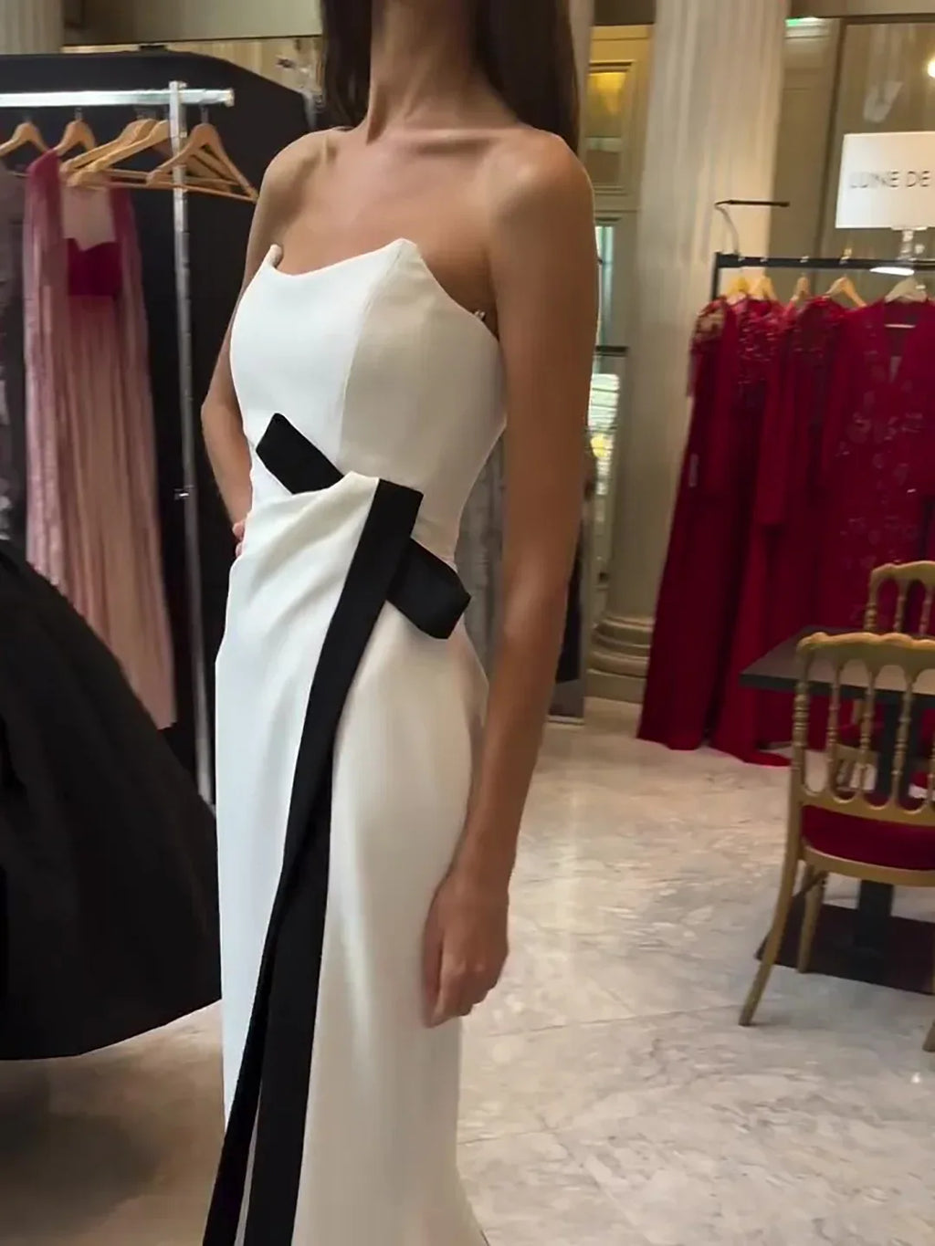 Strapless Black And White Contrasting Slit Dress - Viexta