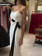 Strapless Black And White Contrasting Slit Dress - Viexta