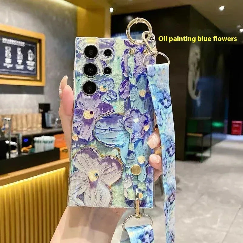 Blue Light Rhinestone Oil Painting Flower Wristband iPhone Case - Viexta