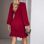 Women's Puff Long Sleeve Fashion Graceful Solid Color Slim Hip-covering Short Dress Womens Clothing - Viexta