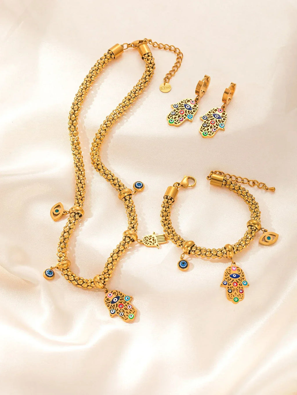 18k Palm Eye Necklace Earring Bracelet Suit - Viexta