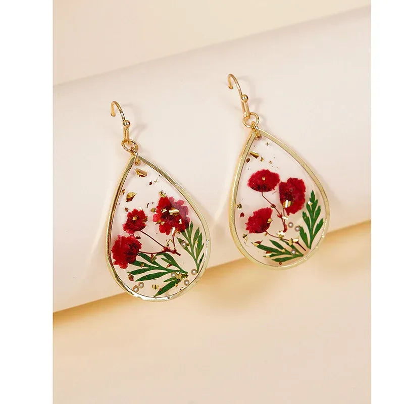 Drop-shaped Epoxy Leaf-shaped Flowers Earrings - Viexta