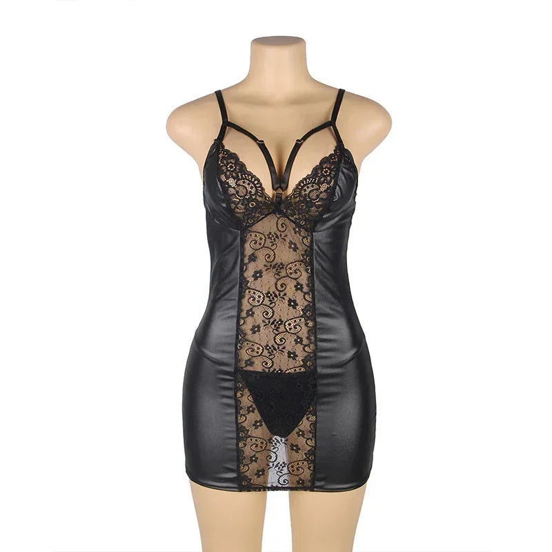 european-and-american-plus-size-lingerie-lace-leather-transparent-tempting-slip-nightdress - Viexta