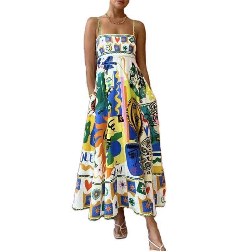 New Sleeveless High Waist Print Dress - Viexta