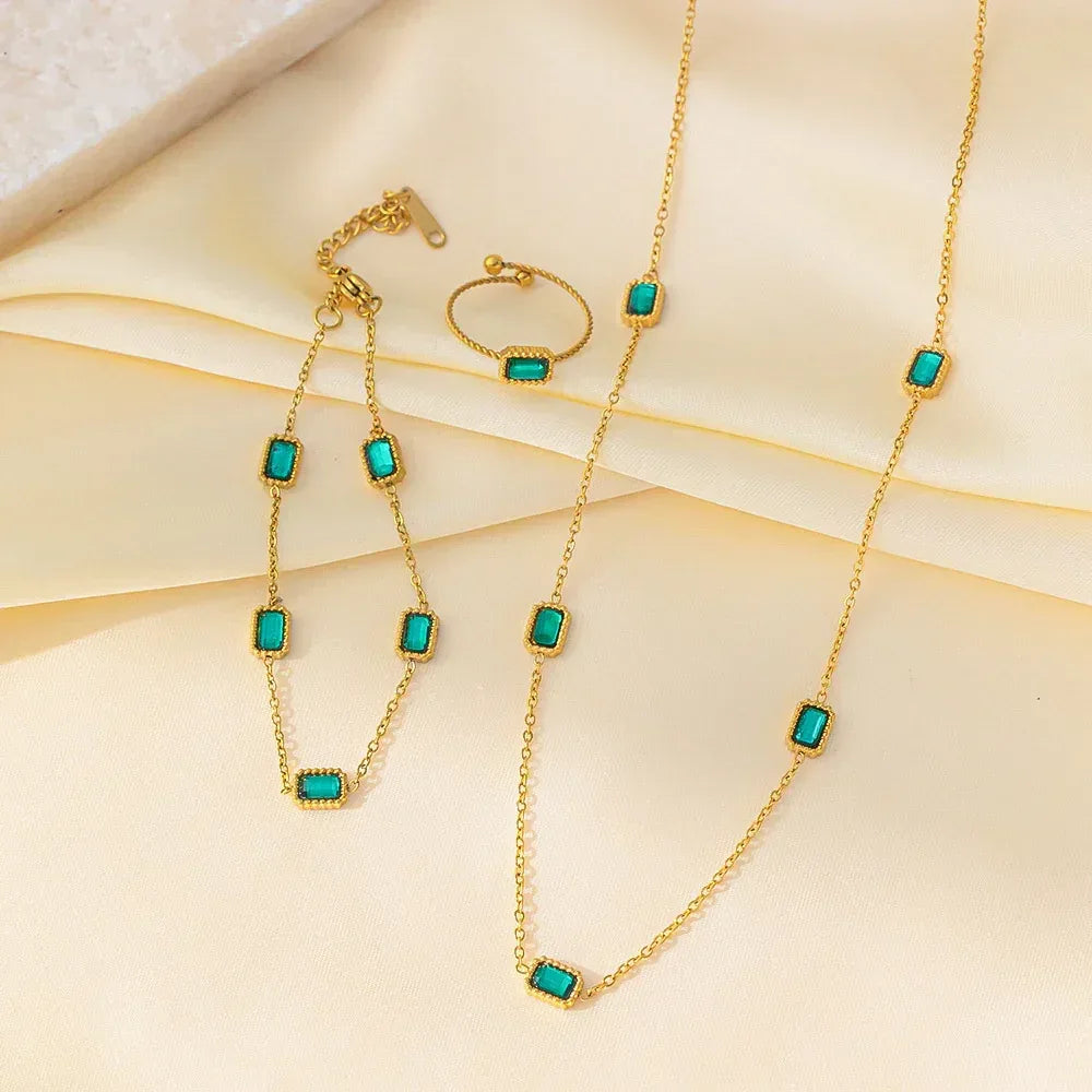 Women's Retro Green Zircon Necklace Bracelet - Viexta