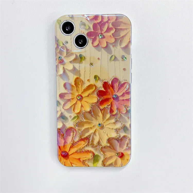 Yellow Oil Painting Flowers Phone Case Rhinestone Epoxy - Viexta
