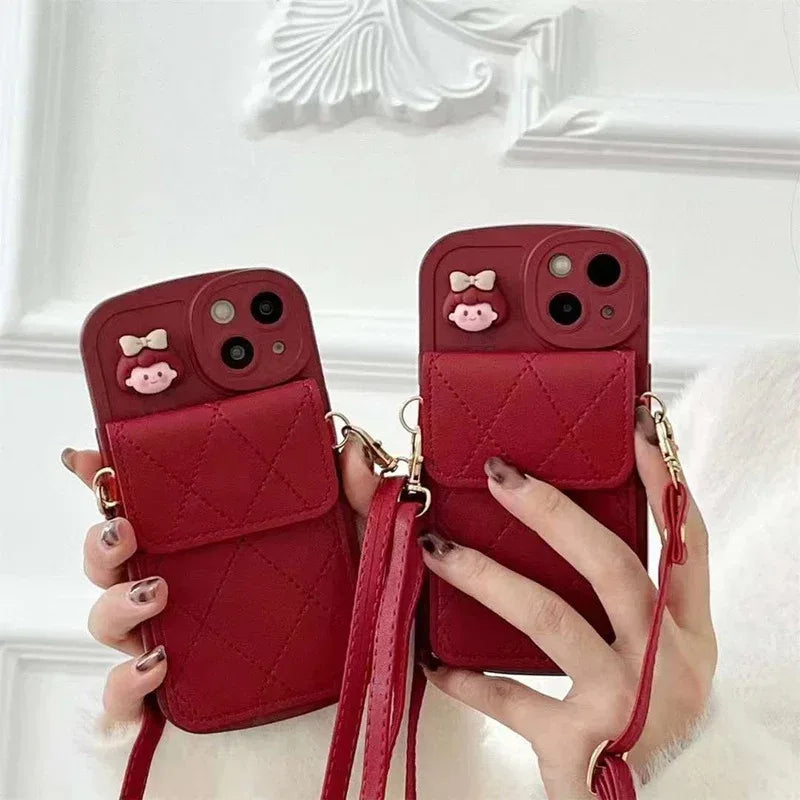 Red Crossbody Card Holder With Lanyard iPhone Case - Viexta