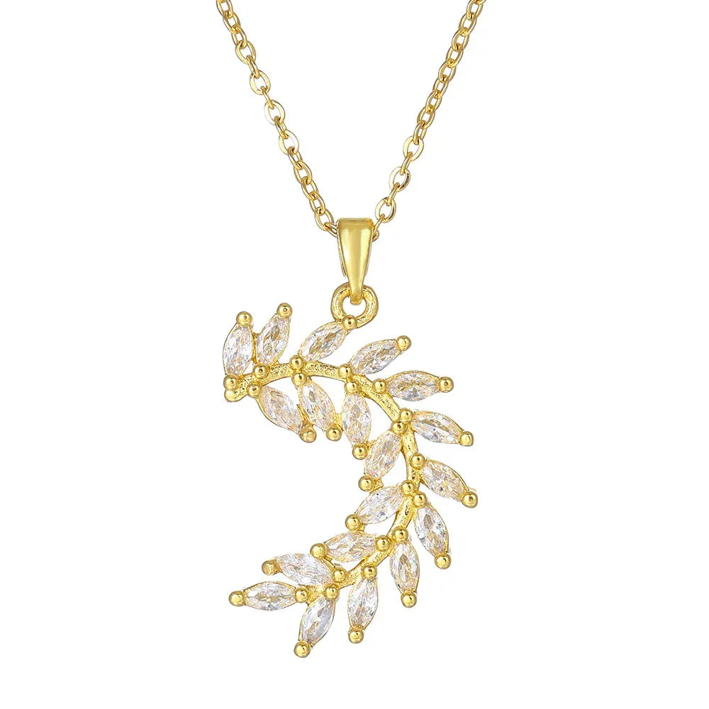Sparkling Zircon Leaf Pendant Necklace - Viexta