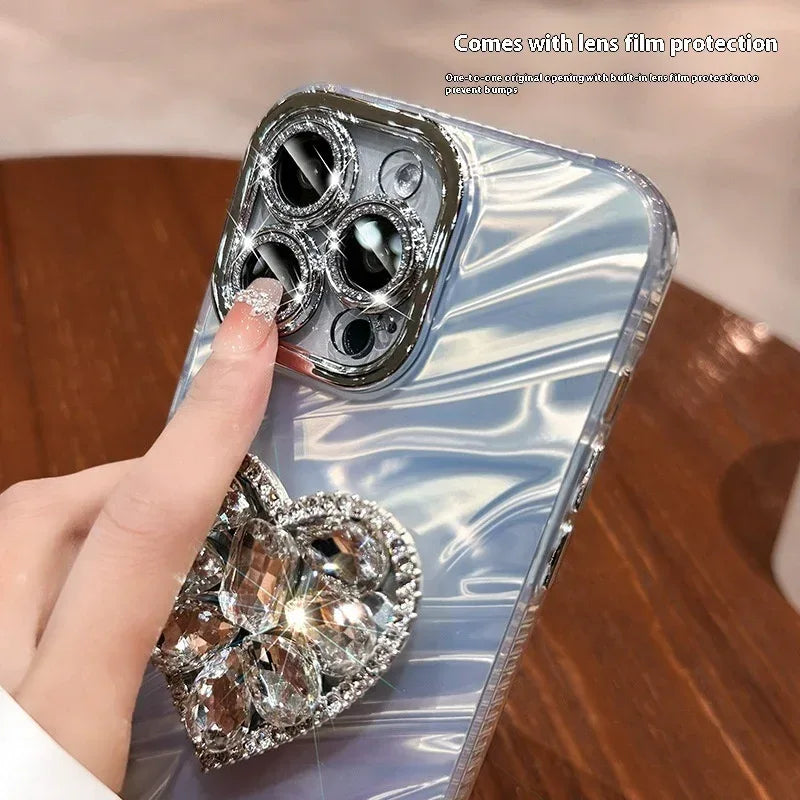 Lens Protector Rhinestone Love Bracket iPhone Case - Viexta