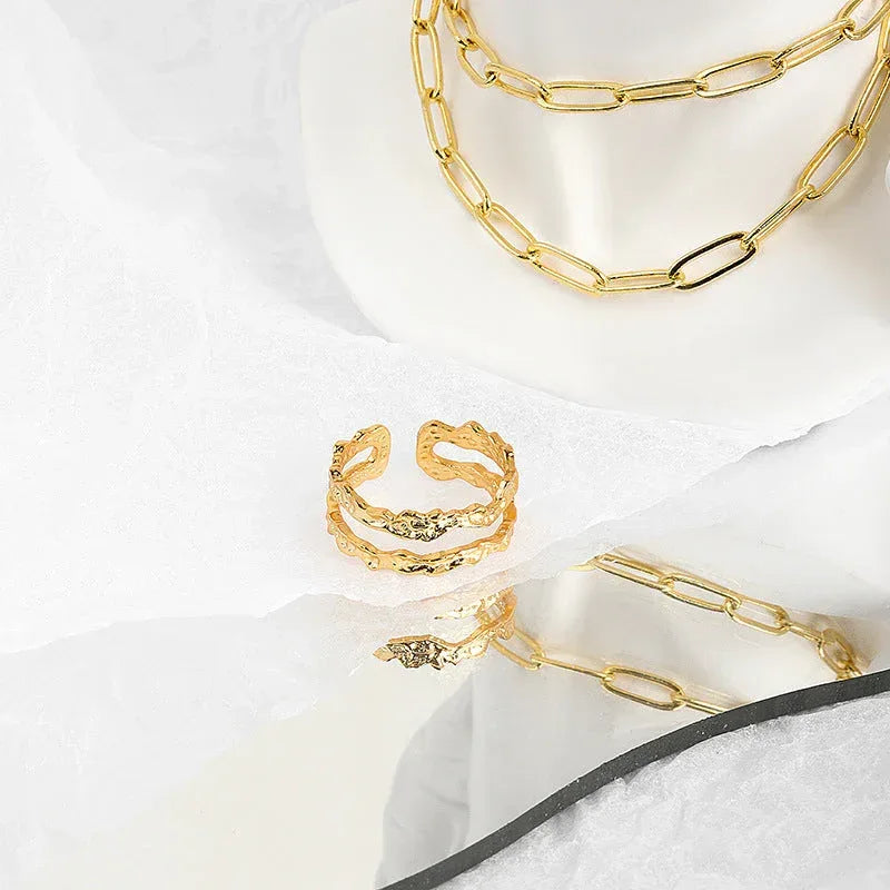retro-irregular-double-line-silver-plated-ring - Viexta