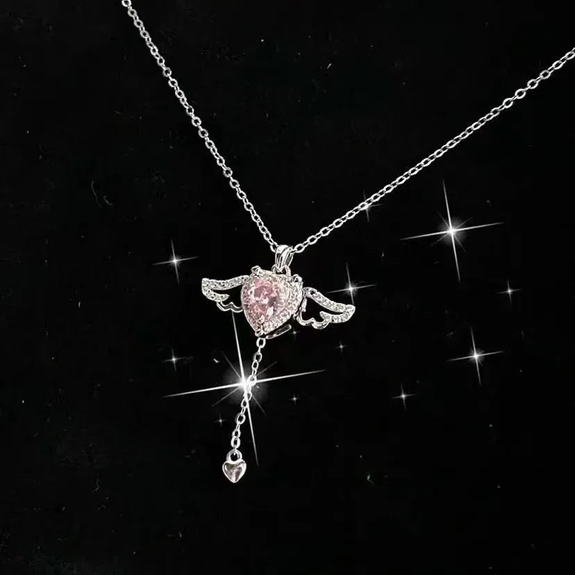 moving-cupid-heart-angel-wings-tassel-necklace - Viexta
