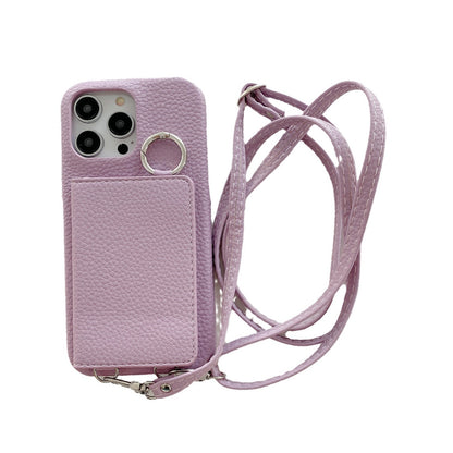 Lychee Pattern Mirror Lanyard iPhone Case