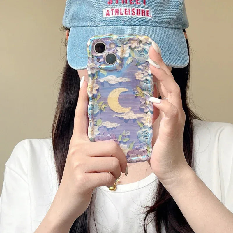 Blue Light Oil Painting Flower Spring Korean iPhone Case - Viexta