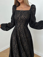 Hollow-out Micro-transparent Jacquard Long Sleeves Dress
