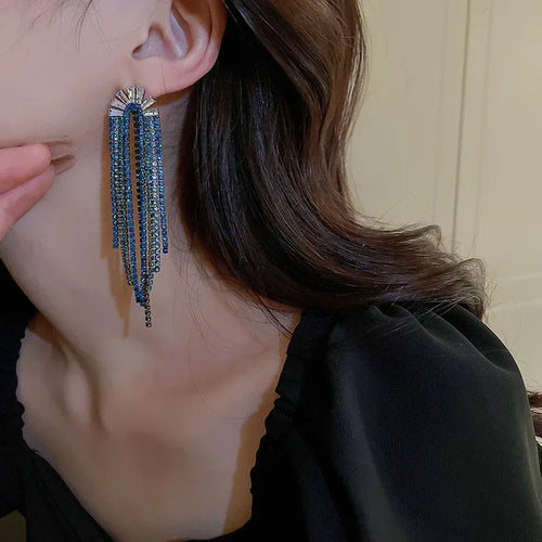 925 Silver U-shaped Zircon Rhinestone Tassel Earrings - Viexta