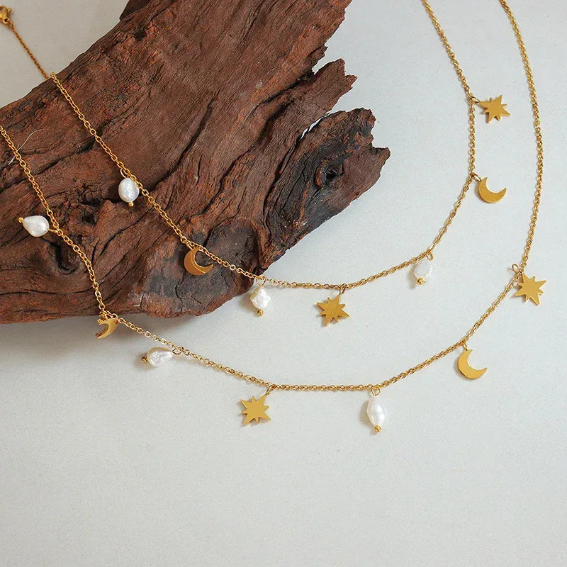 Star Moon Pearl Tassel Necklace - Viexta