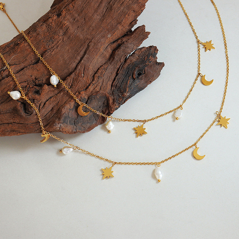 Star Moon Pearl Tassel Necklace