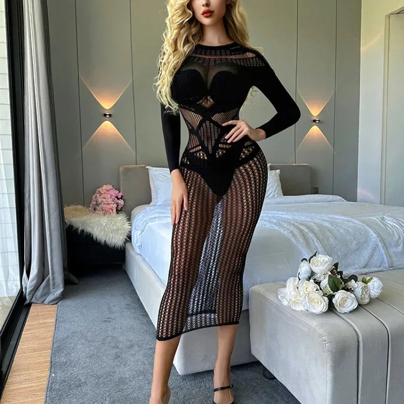 sexy-lingerie-nightdress-super-plus-size-long-sleeve-transparent-cutout - Viexta