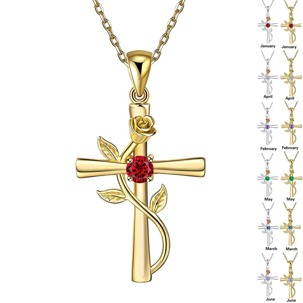 Rose Cross Necklace With Rhinestone